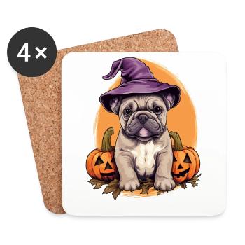 Halloween Chapeau de Sorcière Citrouille Chien Bulldog - Dessous de verre (lot de 4) - blanc - Devant