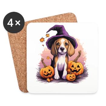 Halloween sorcière chapeau citrouille chien Beagle - Dessous de verre (lot de 4) - blanc - Devant