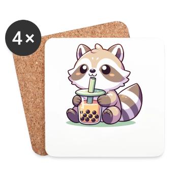 Raton laveur kawaii Bubble Tea Boba raton laveur - Dessous de verre (lot de 4) - blanc - Devant
