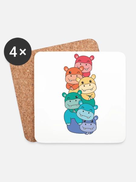 Hippopotame arc-en-ciel Hippopotame coloré mignon pour les enfants - Dessous de verre (lot de 4) - blanc