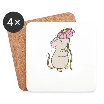 Souris avec fleur Nature fromage animal de compagnie - Dessous de verre (lot de 4) - blanc - Devant