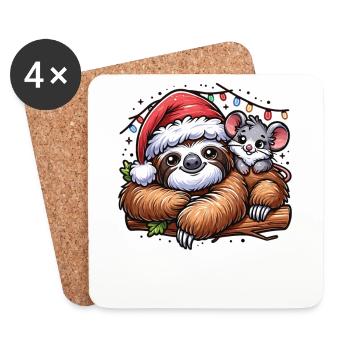 Weihnachtsmütze Weihnachten Lichterkette Faultier - Untersetzer (4er-Set) - Weiß - Vorne