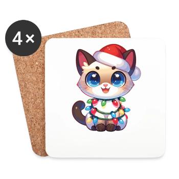 Santa Hat Christmas Fairy Lights Siamese Cat - Coasters (set of 4) - white - Front