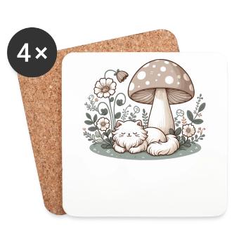 Cottagecore Chat Esthétique Dans Les Bois Champignon - Dessous de verre (lot de 4) - blanc - Devant