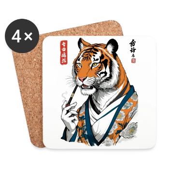 Ukiyo-E Tiger Geisha Anime Vintage Streetwear - Dessous de verre (lot de 4) - blanc - Devant