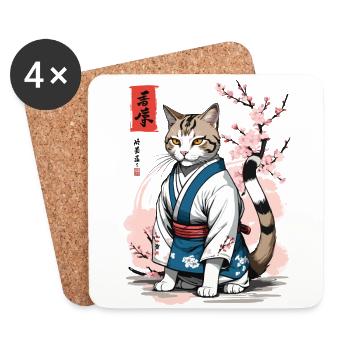 Kimono Cat Asian Japan Ukiyo-E Retro Art - Coasters (set of 4) - white - Front