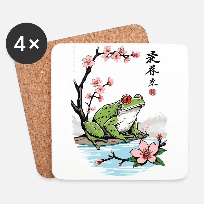 Vintage Ukiyo-E Frosch Kirschblüten Design - Untersetzer (4er-Set) - Weiß