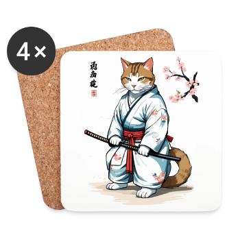 Chats samouraï rétro Ukiyo-E Japon Art - Dessous de verre (lot de 4) - blanc - Devant