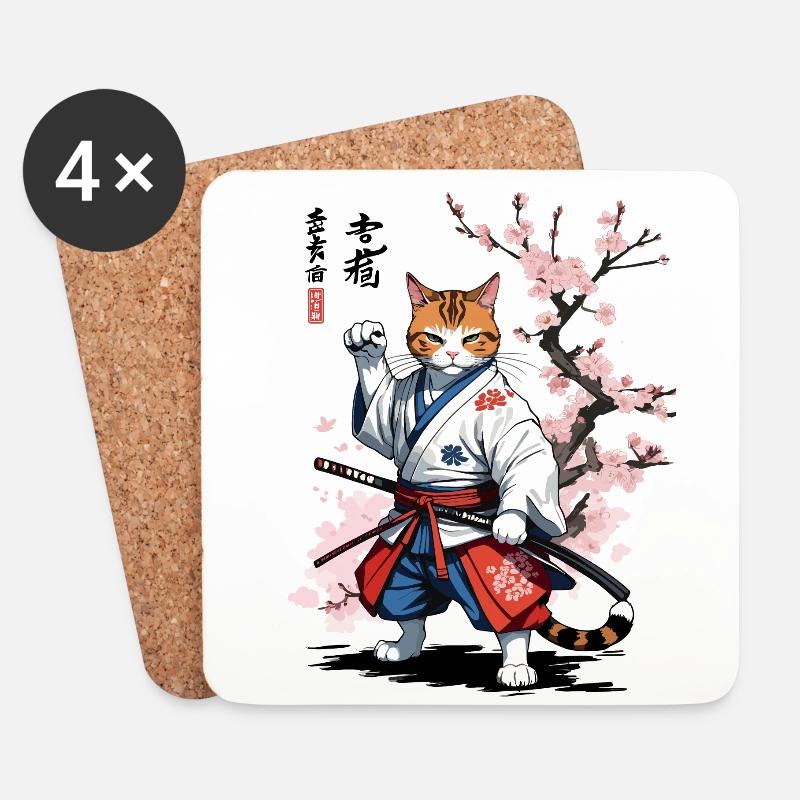 Samurai Katze Ukiyo-E Streetwear Design - Untersetzer (4er-Set) - Weiß