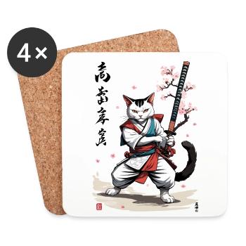 Samurai Katze mit Katana Kirschblüten Vintage Stil - Untersetzer (4er-Set) - Weiß - Vorne