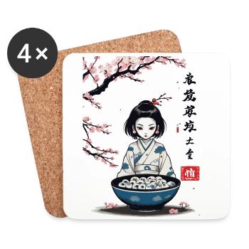 Yokai Fleur de cerisier Ukiyo-E Halloween Design - Dessous de verre (lot de 4) - blanc - Devant