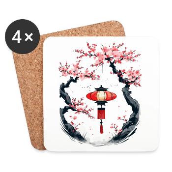 Japon fleur de cerisier Ukiyo-E lanterne esthétique - Dessous de verre (lot de 4) - blanc - Devant