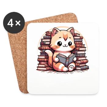 Süße Lese Katze mit vielen Bücher - Untersetzer (4er-Set) - Weiß - Vorne