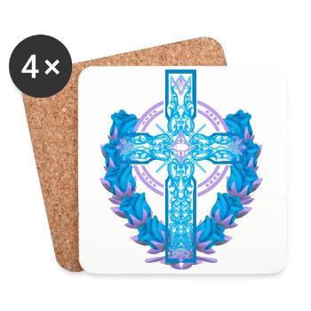 Kreuz Kreuze Kruzifix Rosen Blüten Jesus Gott - Untersetzer (4er-Set) - Weiß - Vorne