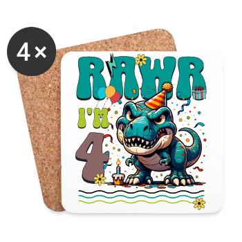 4ème anniversaire Rawr T Rex Dinosaure - Dessous de verre (lot de 4) - blanc - Devant