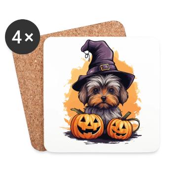 Halloween chapeau de sorcière citrouille chien Yorkshire terrier - Dessous de verre (lot de 4) - blanc - Devant