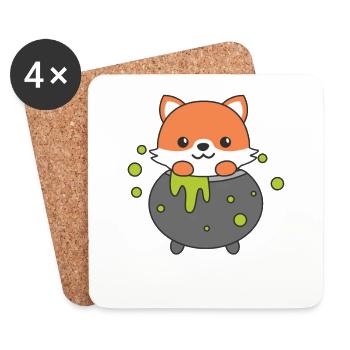 renard joyeux halloween, chaudron de sorcière, chauve-souris - Dessous de verre (lot de 4) - blanc - Devant
