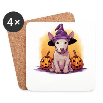Halloween Chapeau de sorcière Citrouille Chien Bull Terrier - Dessous de verre (lot de 4) - blanc - Devant