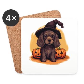 Chapeau de sorcière d'Halloween Citrouille Chien Cocker Spaniel - Dessous de verre (lot de 4) - blanc - Devant
