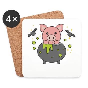cochon joyeux Halloween bâton de poquelot de sorcière - Dessous de verre (lot de 4) - blanc - Devant