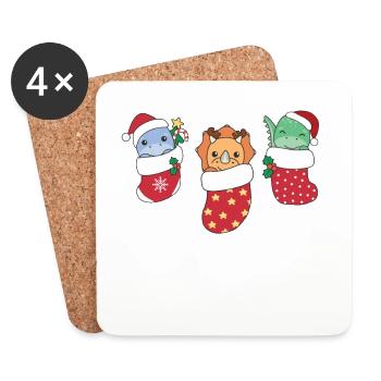 Süße Dinos in Weihnachtssocke zu Weihnachten - Untersetzer (4er-Set) - Weiß - Vorne
