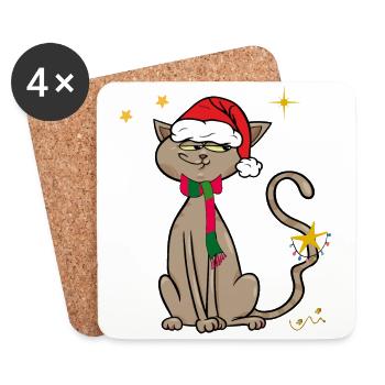 Cat with Santa Hat, Ugly Christmas - Coasters (set of 4) - white - Front