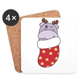 Cute Hippo in Christmas Sock for Christmas Hippo - Coasters (set of 4) - white - Front