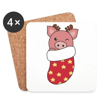 Süße Schweine in Weihnachtssocke zu Weihnachten - Untersetzer (4er-Set) - Weiß - Vorne