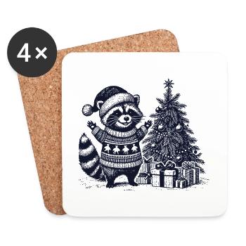 Cheerful raccoon with Christmas tree - Coasters (set of 4) - white - Front
