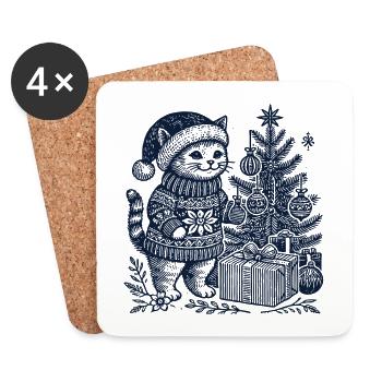 Drôle de chat Noël rétro vintage - Dessous de verre (lot de 4) - blanc - Devant