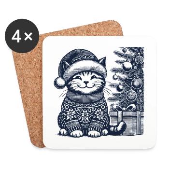 Drôle de chat Noël style vintage rétro - Dessous de verre (lot de 4) - blanc - Devant