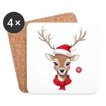 Renne de Noël avec chapeau - Dessous de verre (lot de 4) - blanc - Devant