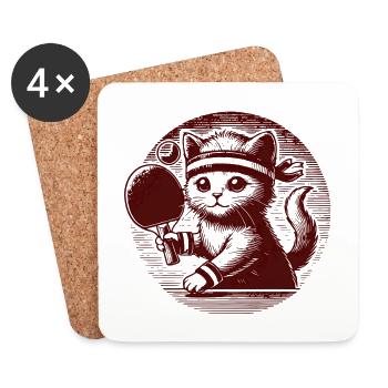 Chat mignon jouant au ping-pong dans un style rétro - Dessous de verre (lot de 4) - blanc - Devant