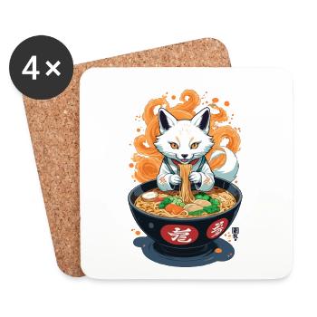 Kitsune Ramen Nouilles Kawaii Rétro Ukiyo-e Fox - Dessous de verre (lot de 4) - blanc - Devant