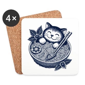 Kawaii Cat Ramen Noodles Streetwear Japonais - Dessous de verre (lot de 4) - blanc - Devant
