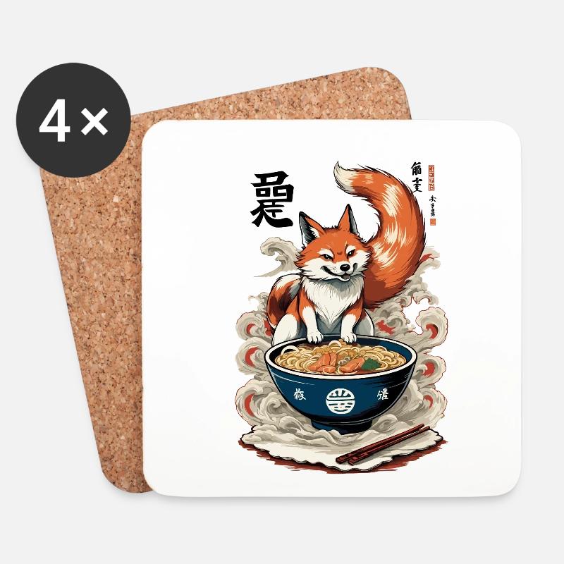 Kitsune Fuchs Ramen Retro Ukiyo-e Japan Kawaii - Untersetzer (4er-Set) - Weiß