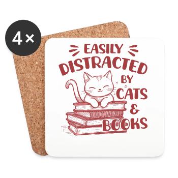 Easily distracted by cats and books Cute cat - Coasters (set of 4) - white - Front