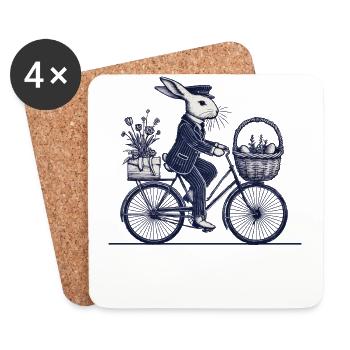 Lapin vintage de Pâques sur vélo dans un style rétro - Dessous de verre (lot de 4) - blanc - Devant
