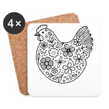 Pâques, Poulet Amateur, Floral, Cottagecore - Dessous de verre (lot de 4) - blanc - Devant