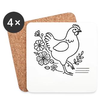 Pâques, Poulet Amateur, Floral, Cottagecore - Dessous de verre (lot de 4) - blanc - Devant