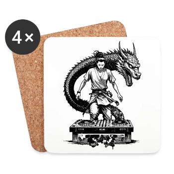 Samurai Shirt: Manga DJ with mixer and dragon - Coasters (set of 4) - white - Front