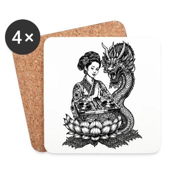 Geisha Festival Shirt: Drachen trifft DJ Magie - Untersetzer (4er-Set) - Weiß - Vorne