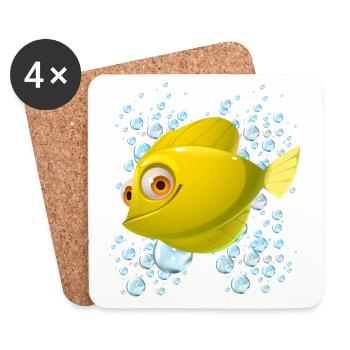 yellow fish swimming around lots of blue bubbles - Coasters (set of 4) - white - Front
