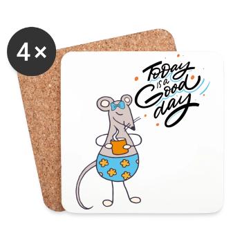 Souris avec une tasse de café - Dessous de verre (lot de 4) - blanc - Devant