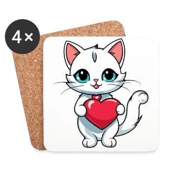 Katze Herz - Valentinstag - Untersetzer (4er-Set) - Weiß - Vorne