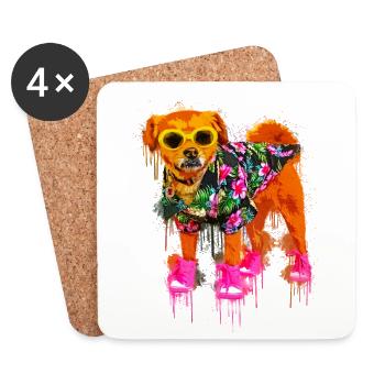 Chien avec lunettes de soleil et chemise hawaïenne - Dessous de verre (lot de 4) - blanc - Devant