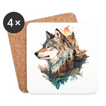 Wolf Wolf's Head Forest Nature Mountains Wilderness Sun - Coasters (set of 4) - white - Front