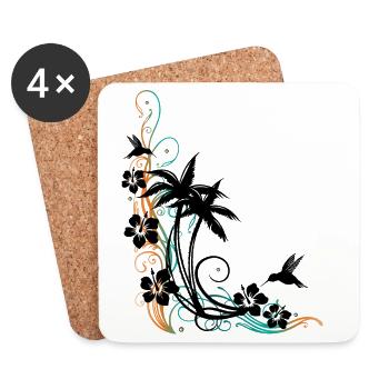 Palm trees with wave, hibiscus and hummingbirds. - Coasters (set of 4) - white - Front