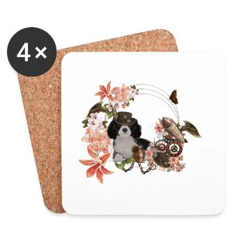 Steampunk, chiot et écureuil au chapeau - Dessous de verre (lot de 4) - blanc - Devant