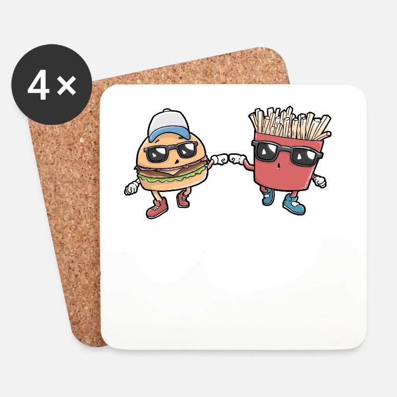 Burger und Pommes Kawaii - Untersetzer (4er-Set) - Weiß